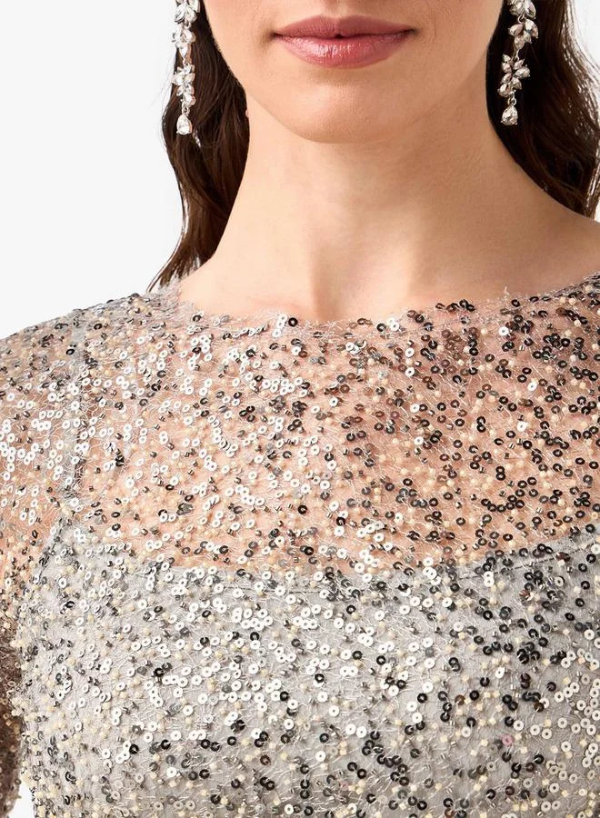 ايكونيك Iconic Embellished Sequin Party Dress with Long Sleeves